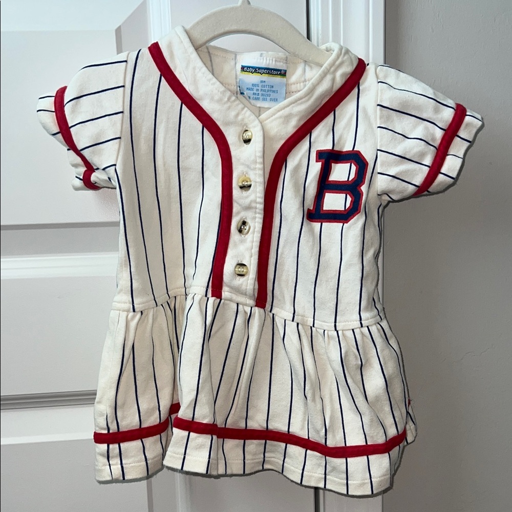 VINTAGE Baby White and Red Striped Baseball Button Down Shirt/Jersey/Dress